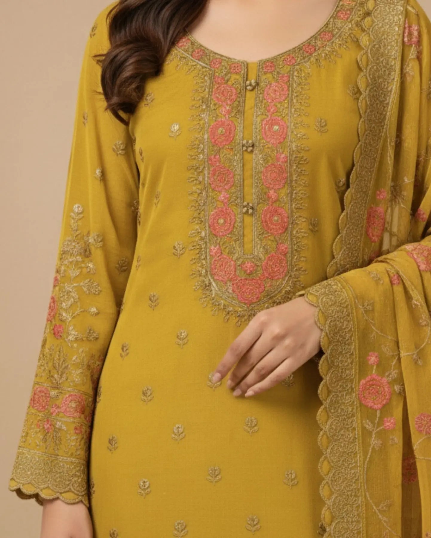 Semi-stitched Soft Chiffon-Muslin In Mustard-Gold With Delicate Sequin Floral Embroidery Suit Material