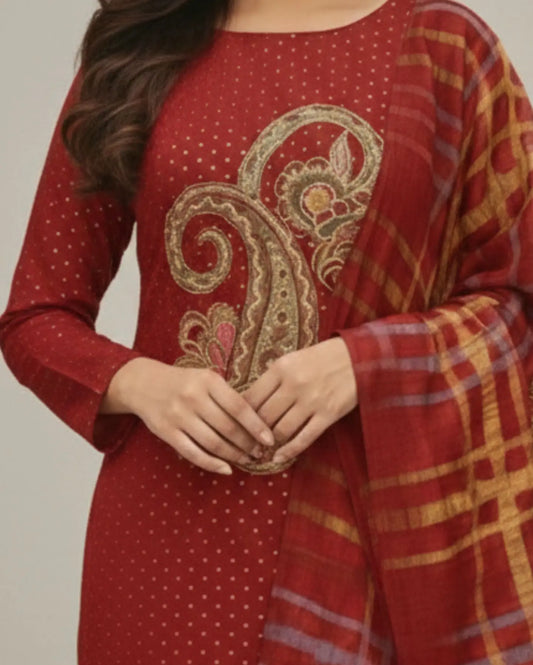 Unstitched Rich Maroon Art Silk Suit With Multicoloured Paisley Applique And Mirror Handwork Detailing