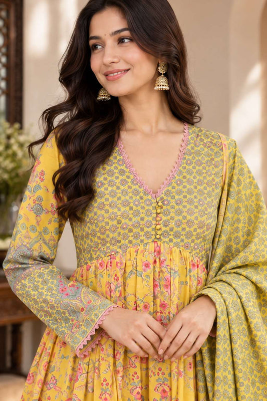 Yellow Floral Printed Mul Cotton Kurta and Palazzo Pant With Dupatta