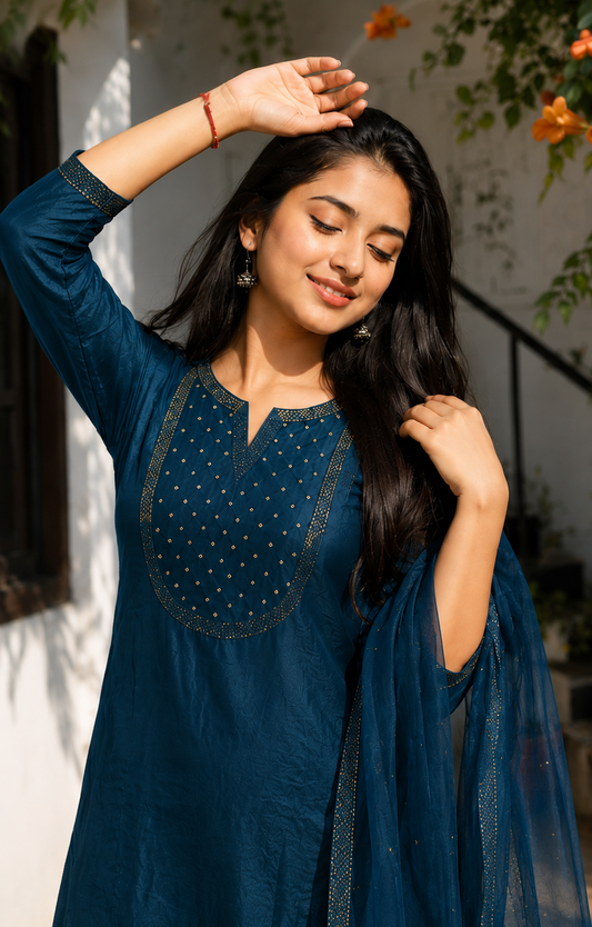 Teal Blue Mul Chanderi Embroidered Kurta and Pant with Dupatta
