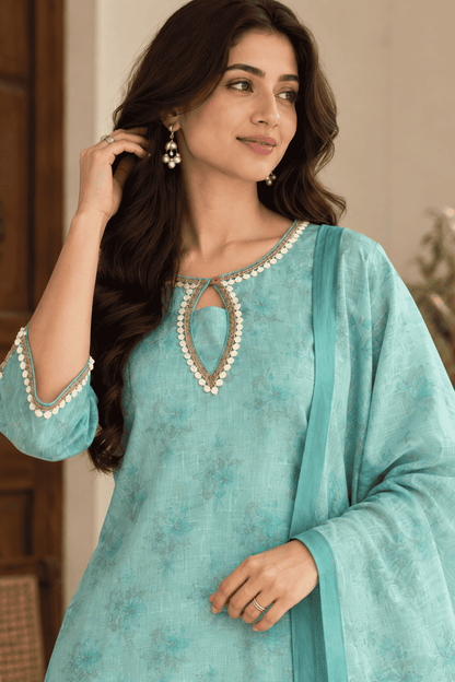 Sky Blue Floral Printed Linen Kurta Pant and Dupatta