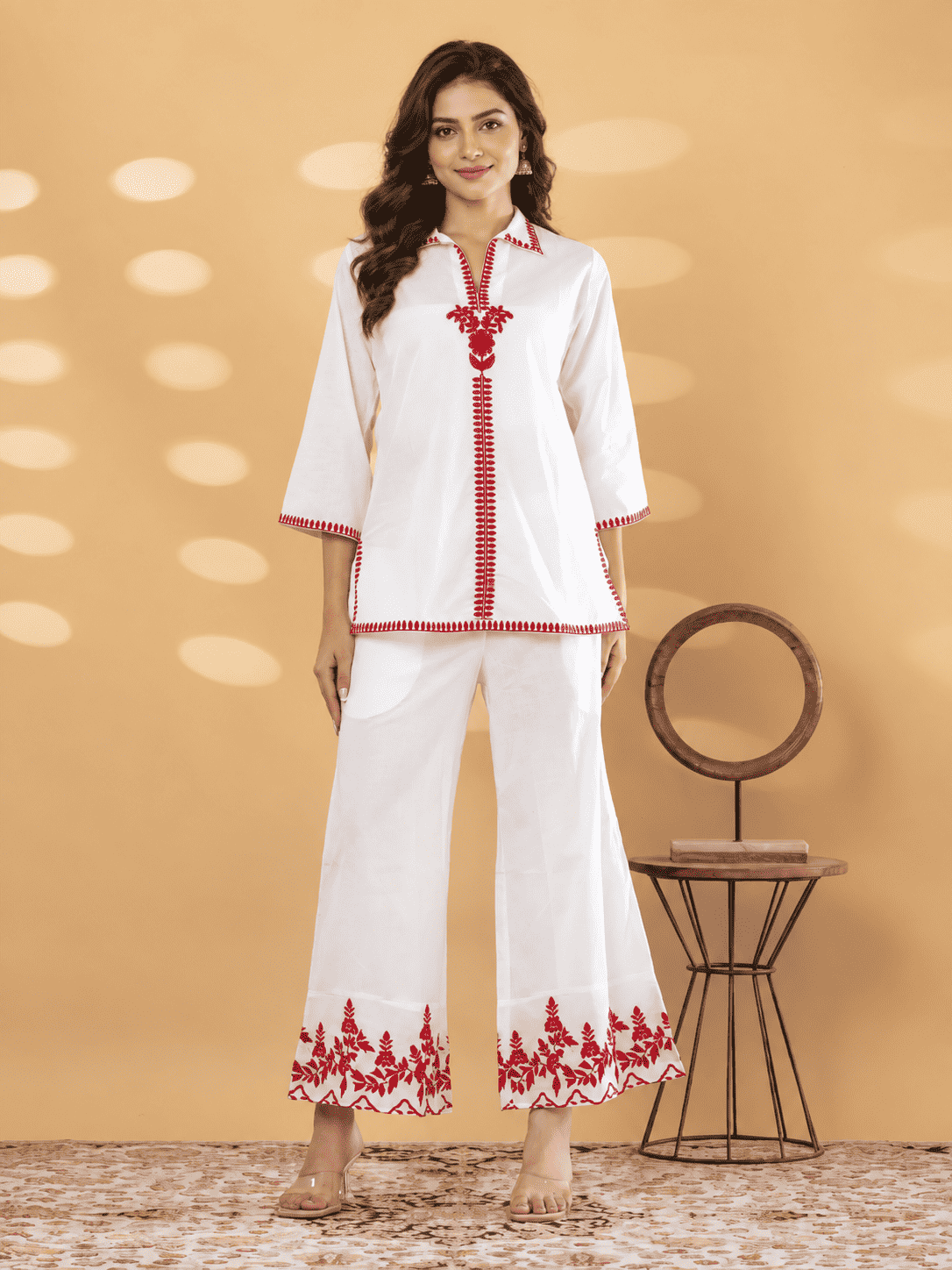White Embroidered Cotton Blend Co-ord Set