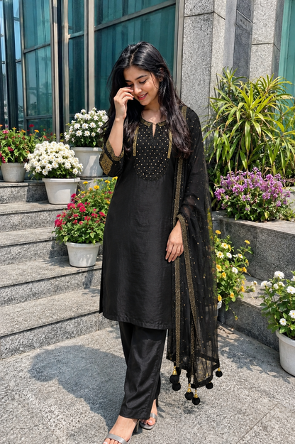 Black Mul Chanderi Embroidered Kurta and Pant with Dupatta
