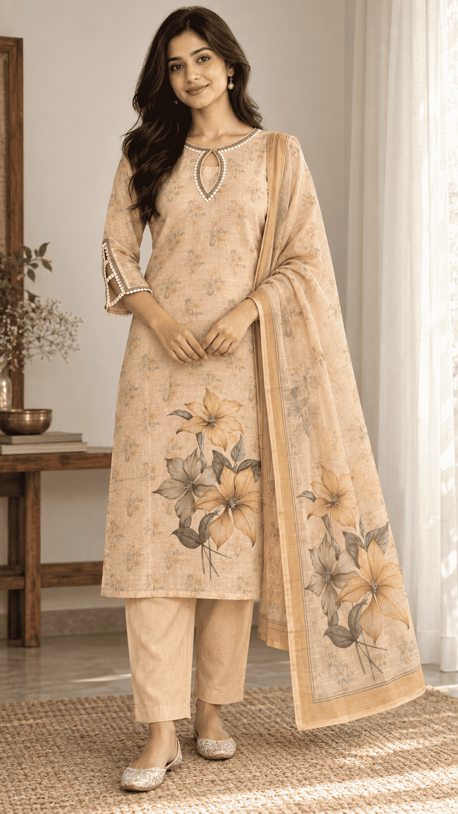 Peach Floral Printed Linen Kurta Pant and Dupatta