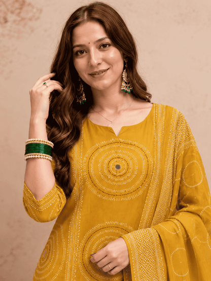 Mustard Yellow Printed Cotton Kurta and pant with dupatta