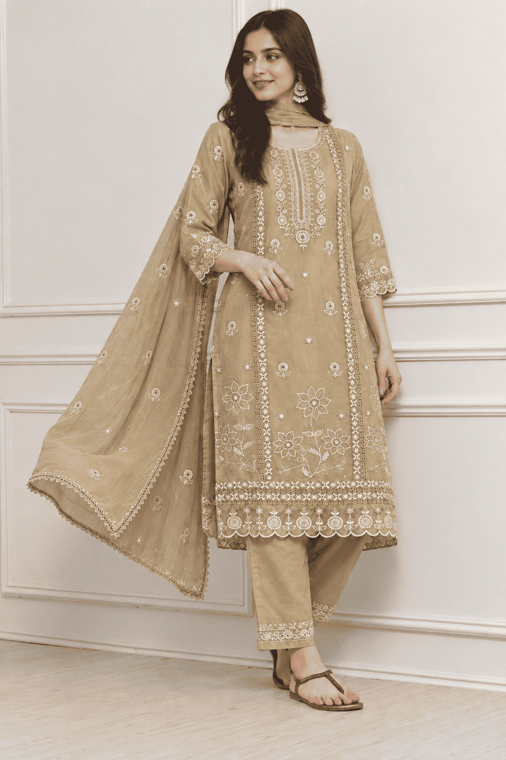 Beige Floral Embroidered Mul Cotton Kurta Pant With Dupatta