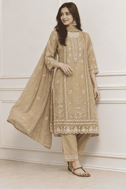 Beige Floral Embroidered Mul Cotton Kurta Pant With Dupatta