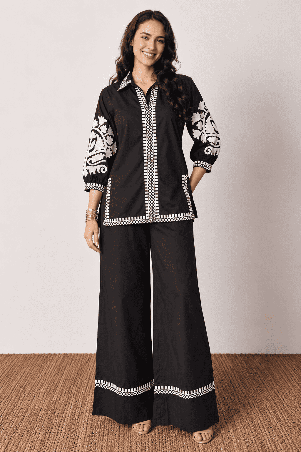 Black With White Thread Embroidered Short Kurta Pant Set