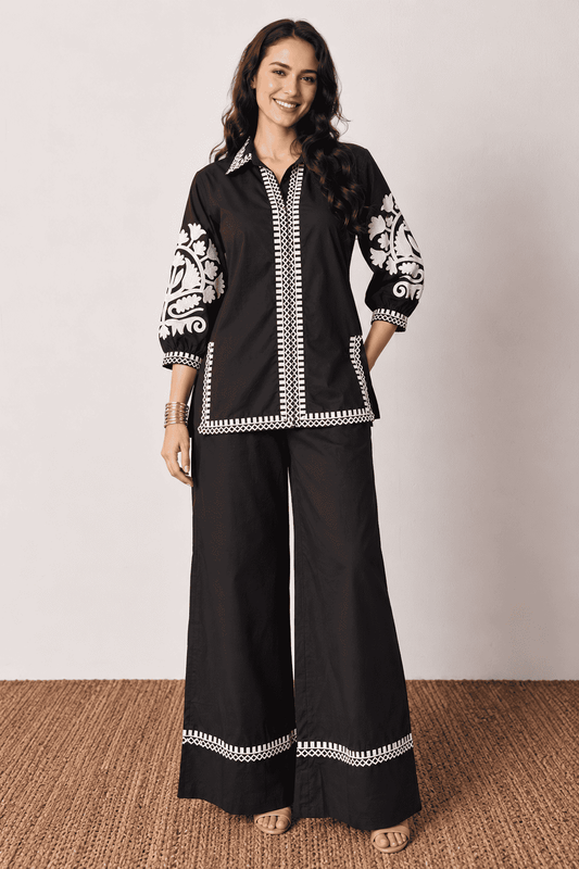 Black With White Thread Embroidered Short Kurta Pant Set