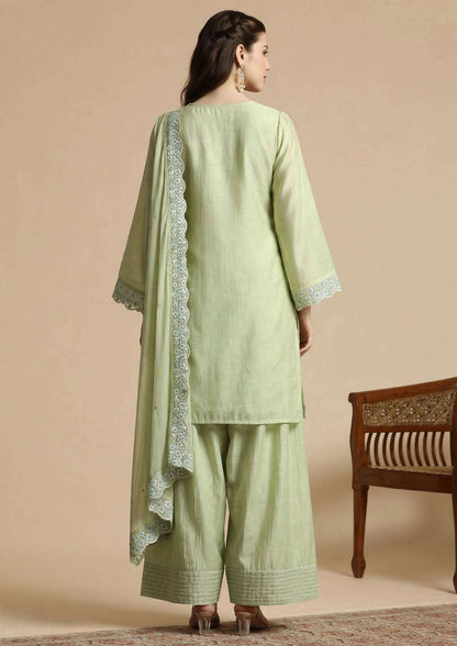Light Green Embroidered Mul Chanderi Kurta and Pant with Dupatta
