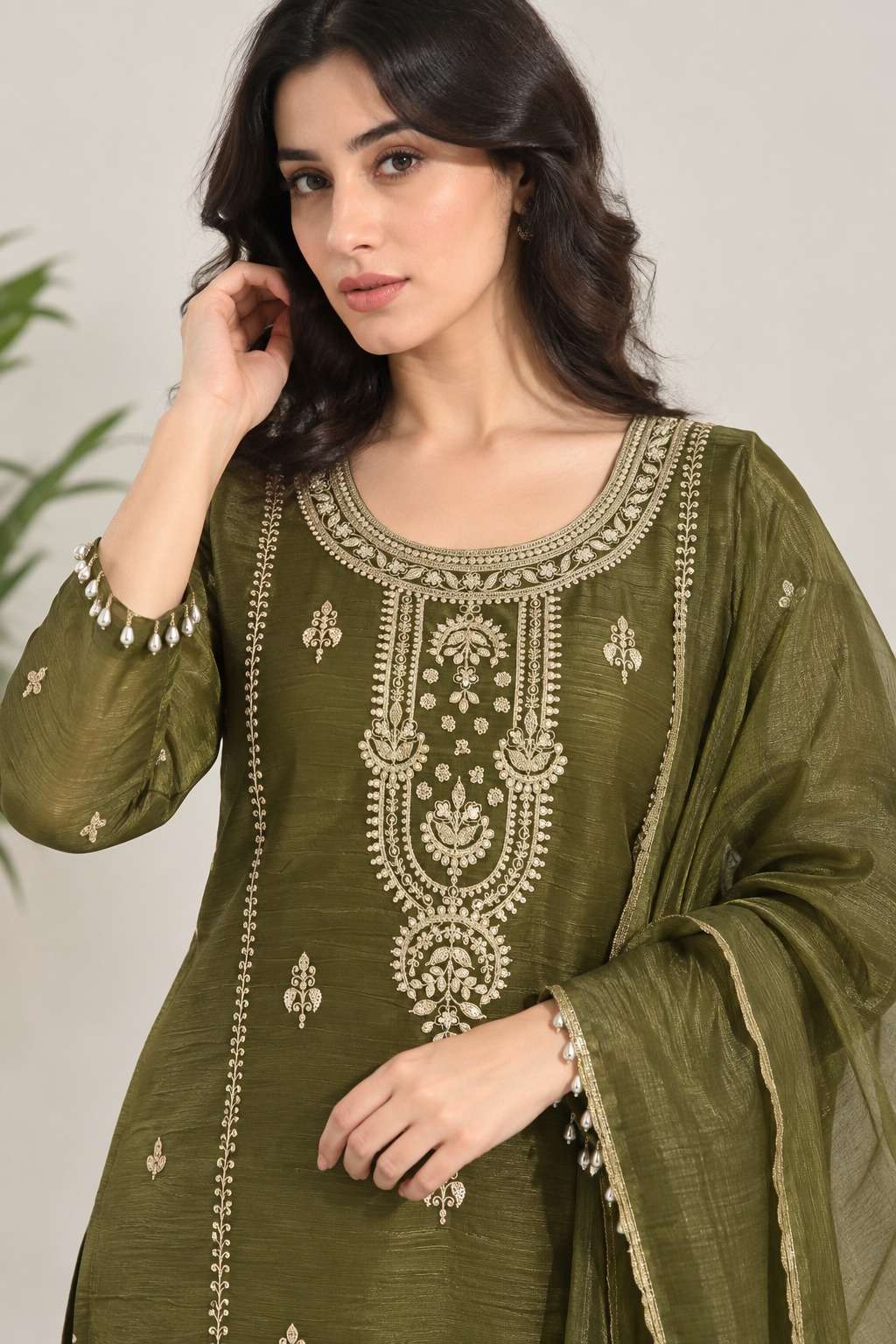 Mehendi Green Embroidered Chinon Kurta Pant and Dupatta