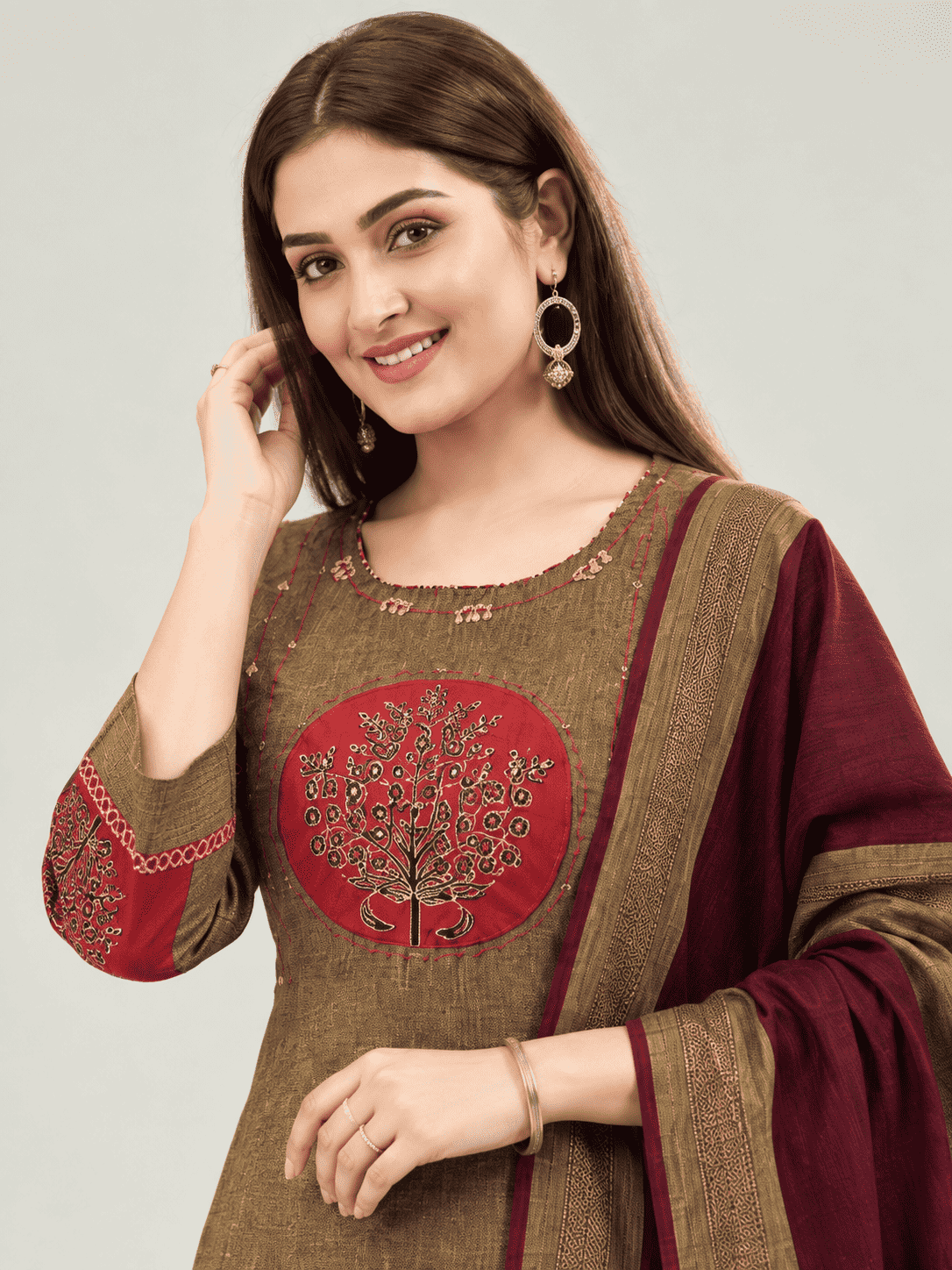 Brown and Maroon Embroidered kurta and pant with dupatta