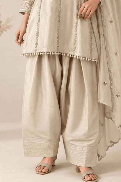 Beige Gold Embroidered Chinon Kurta and Farshi Pant and Dupatta