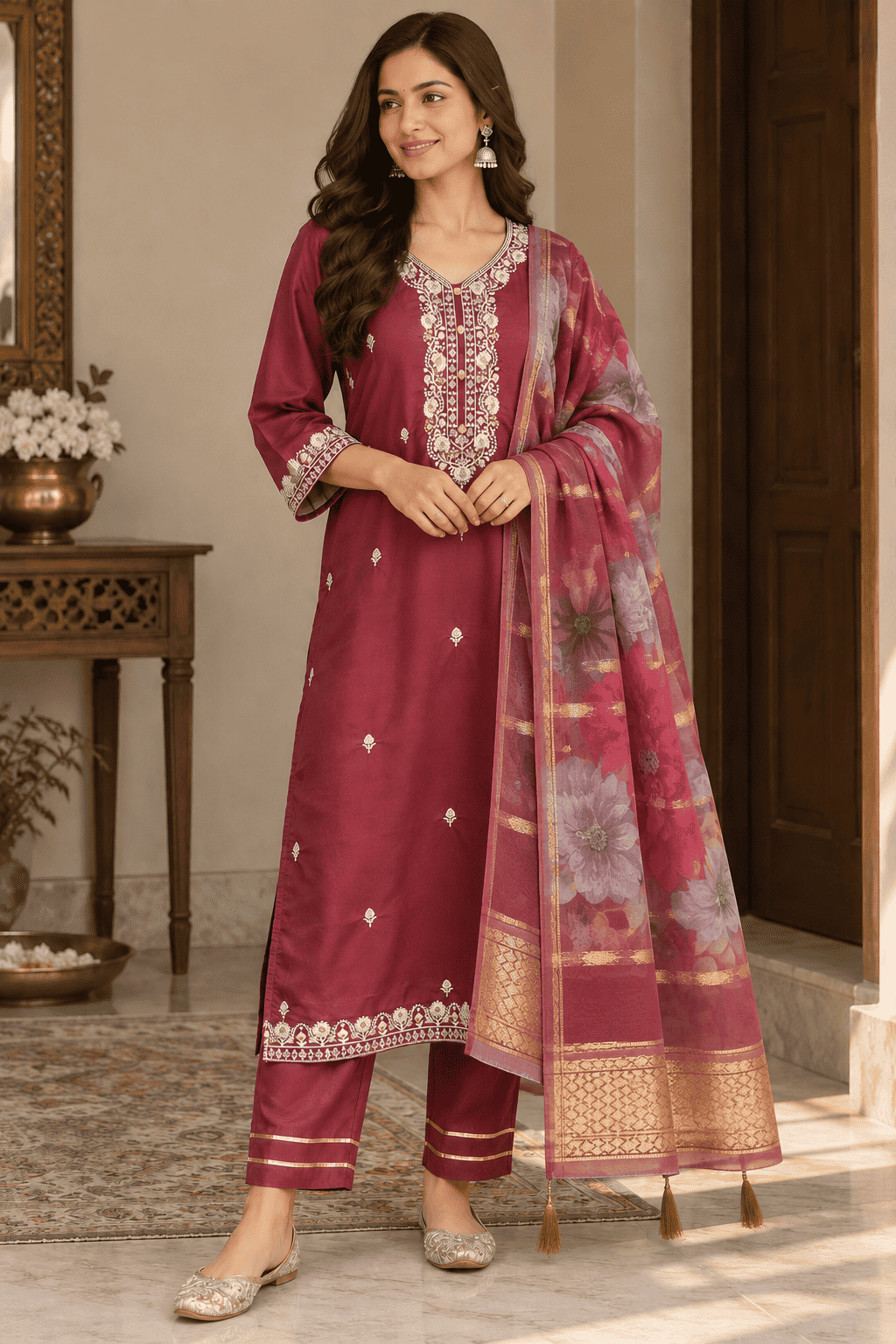 Purple Viscose Roman Silk Embroidered Kurta Pant and Dupatta Set
