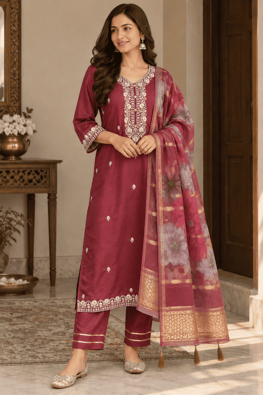Purple Viscose Roman Silk Embroidered Kurta Pant and Dupatta Set