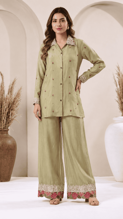 Ivory Floral Embroidered Chinon Kurta Sharara Set