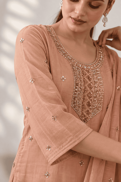 Peach Embroidered Shantoon Kurta Pant and Dupatta