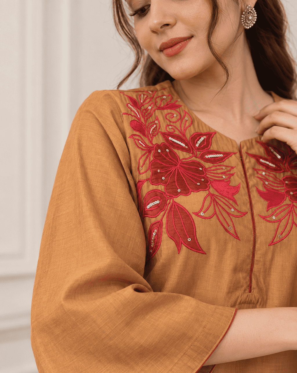 Tan Brown Embroidered Cotton Blend Kurta Pant Set