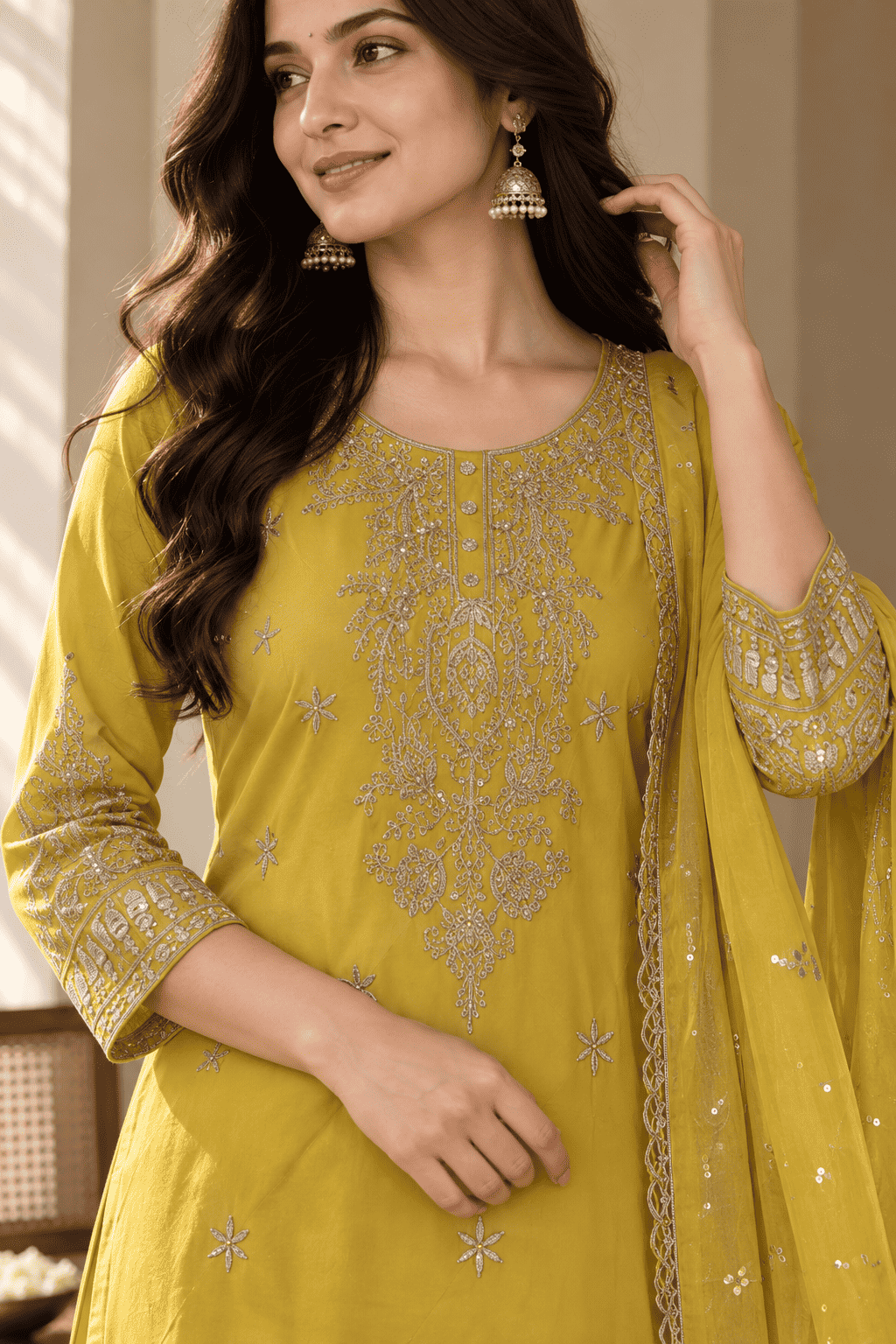 Yellow Silk Blend Embroidered Kurta and Palazzo with Dupatta