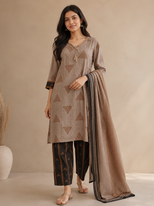 Taupe and Black Printed Cotton Blend Kurta and Pant with Dupatta