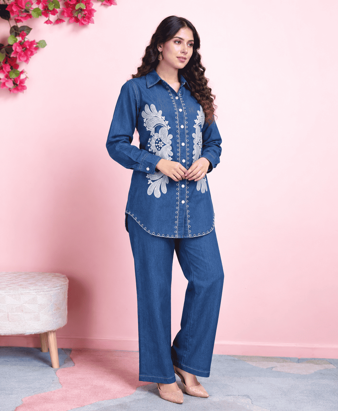 Indigo Blue Embroidered Denim Co-ord Set