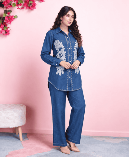 Indigo Blue Embroidered Denim Co-ord Set
