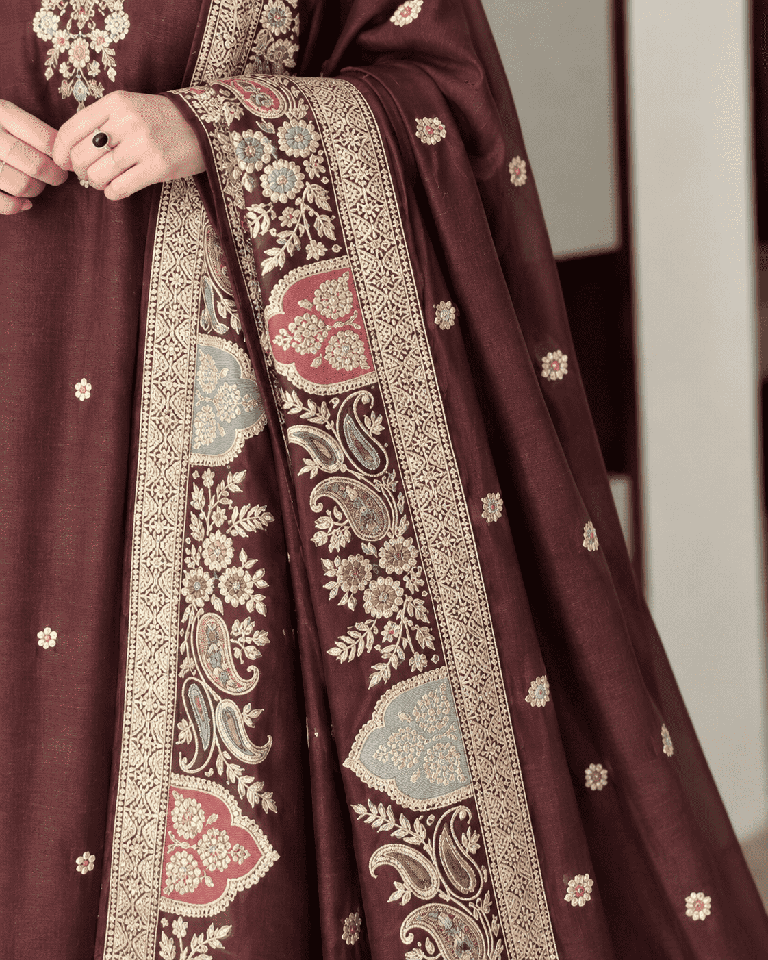 Wine Embroidered Dola Silk Kurta and Pant with dupatta