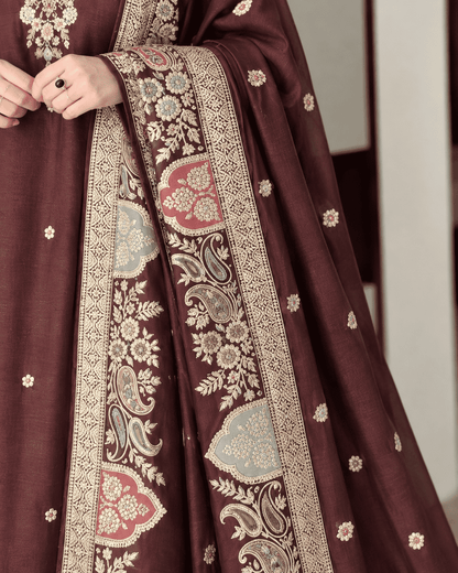 Wine Embroidered Dola Silk Kurta and Pant with dupatta