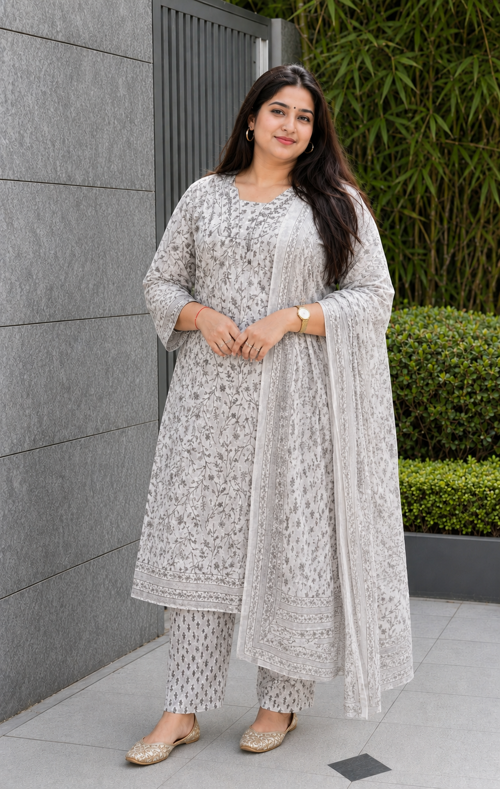 White And Grey Floral Printed Cotton Kurta Pant With Dupatta