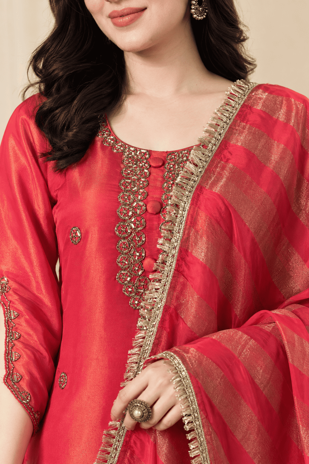Rani Pink Embroidered Tissue Shimmer Kurta Pant and Dupatta