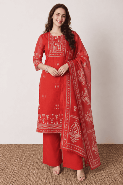Rust Red Printed Kota Doria Kurta Pant and Dupatta