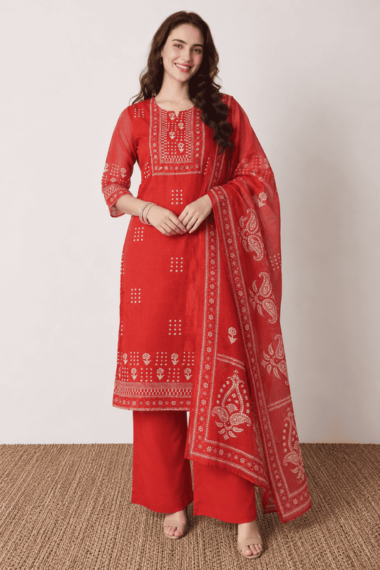 Rust Red Printed Kota Doria Kurta Pant and Dupatta