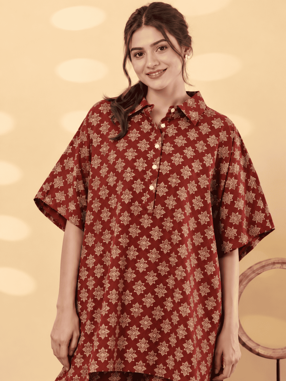 Maroon Printed Cotton Blend Co-ord Set