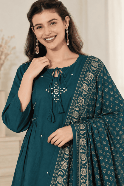 Teal Blue Printed Cotton Blend Kurta Pant and Dupatta