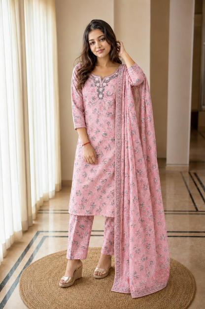 Pink Floral Printed Cotton Blend Kurta and Pant with Dupatta