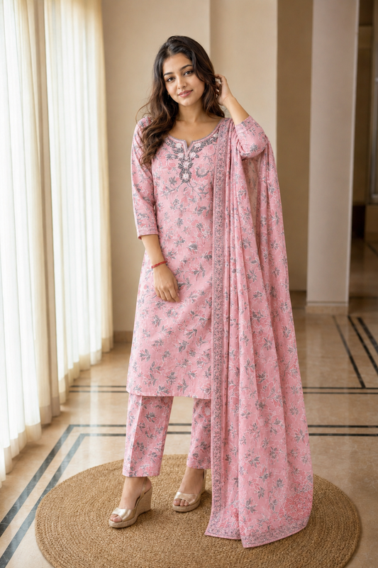 Pink Floral Printed Cotton Blend Kurta and Pant with Dupatta