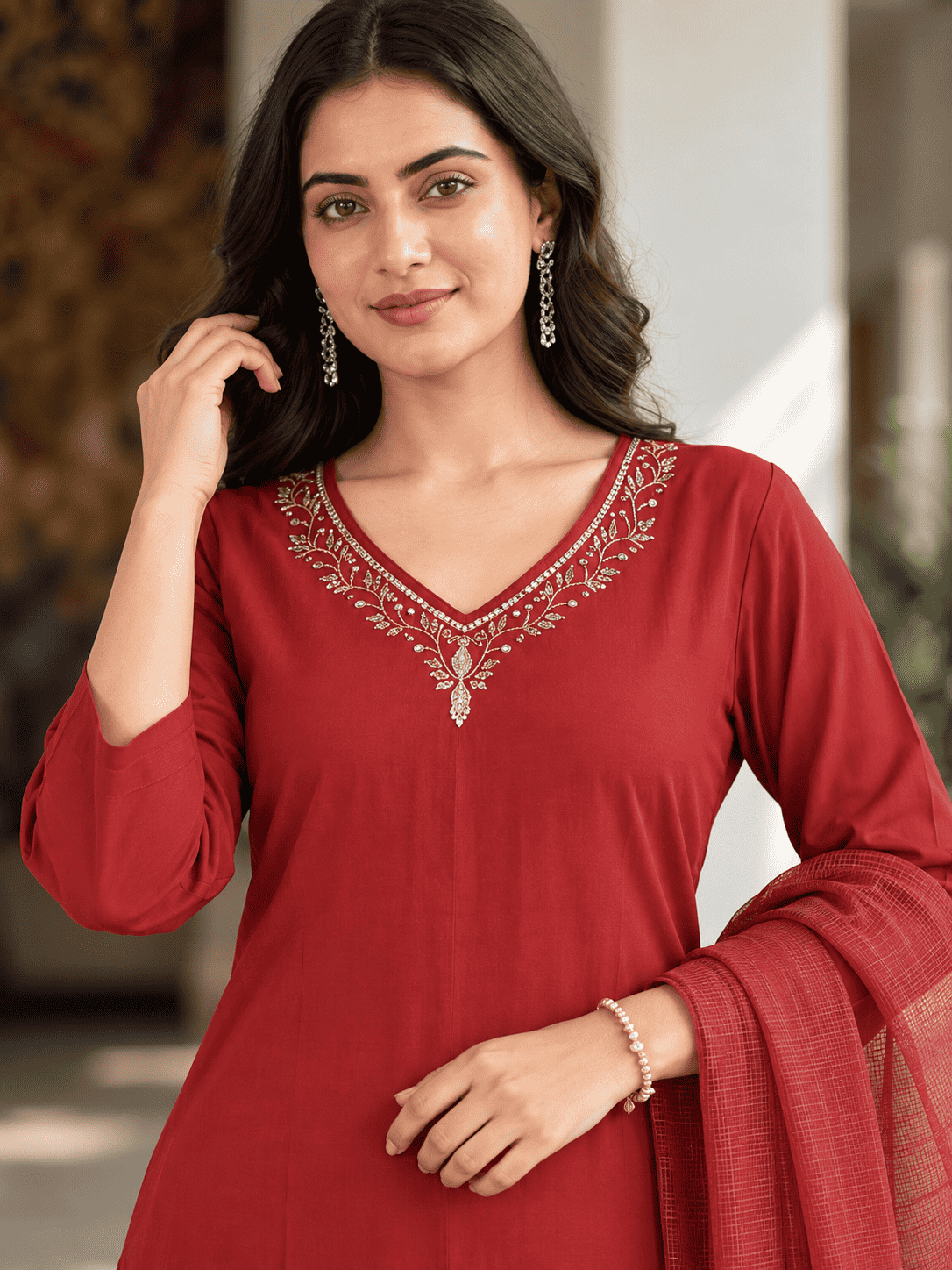 Maroon Embroidered Rayon Kurta Pant and Dupatta