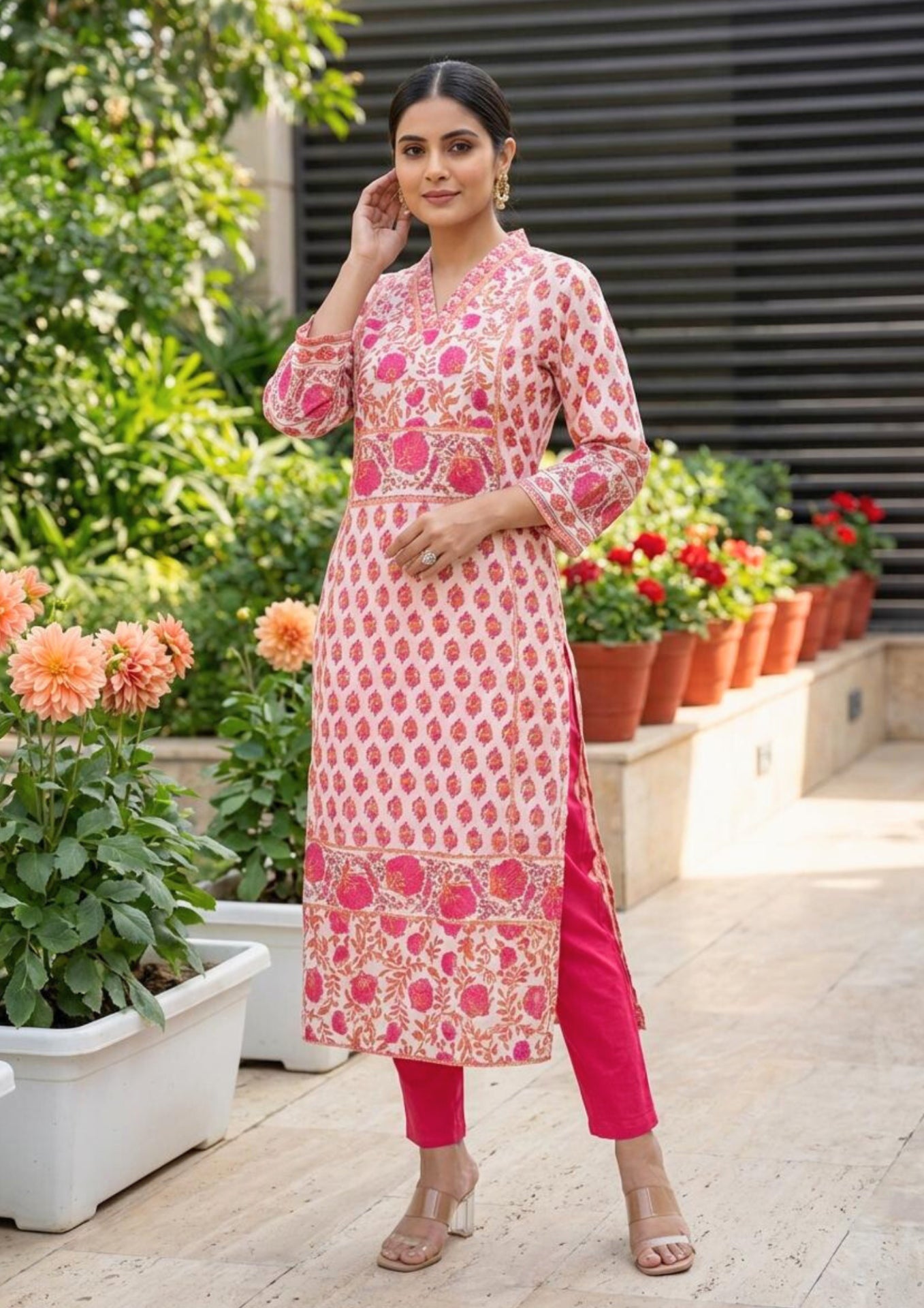Ivory With Pink Florals Cotton Kurta