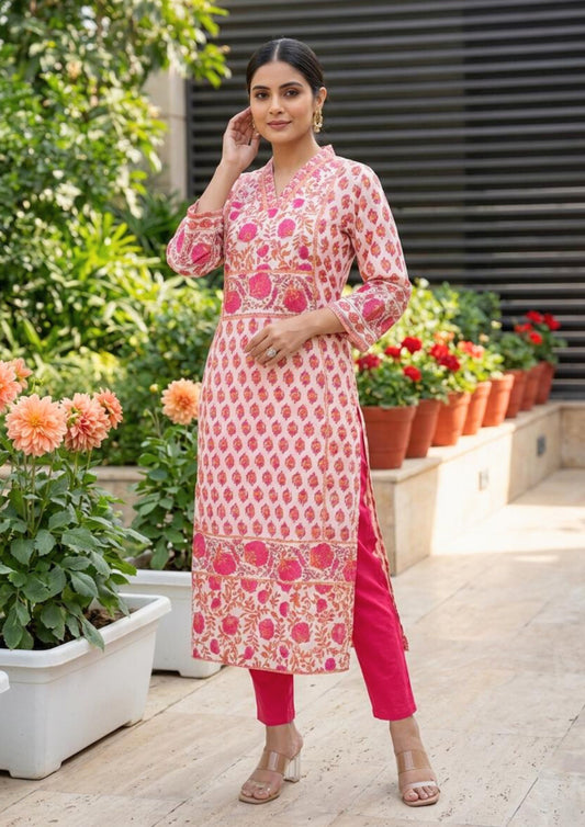 Ivory With Pink Florals Cotton Kurta
