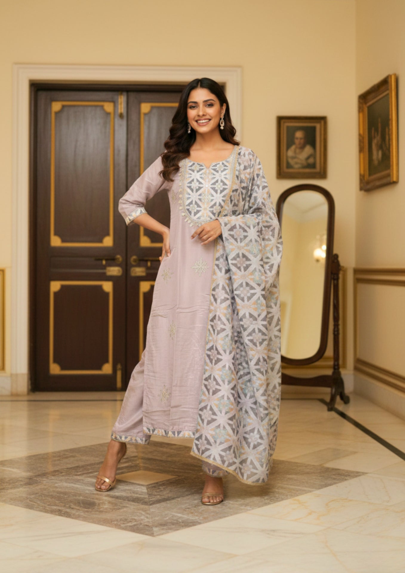 Pastel Geometric Printed Sequin Chinon Kurta Set With Dupatta