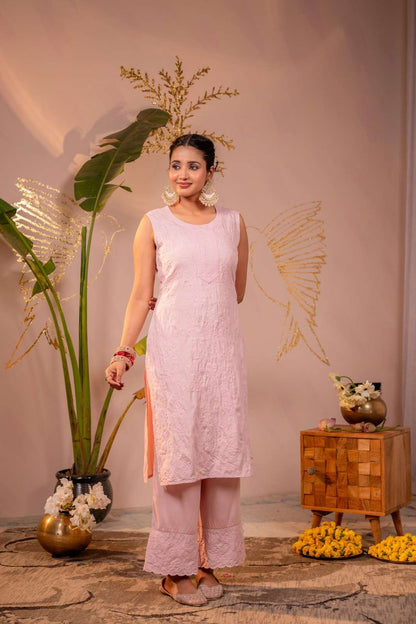 Peach Embroidered Viscose Kurta Pant Set