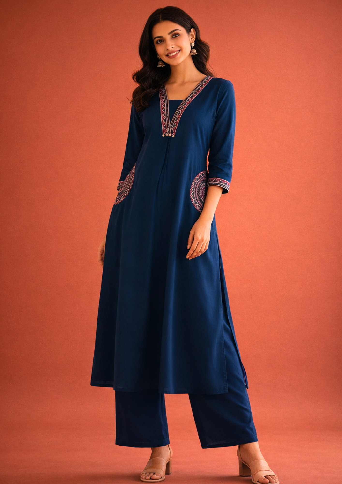 Navy Blue Cotton Embroidered Kurta With Straight Pant