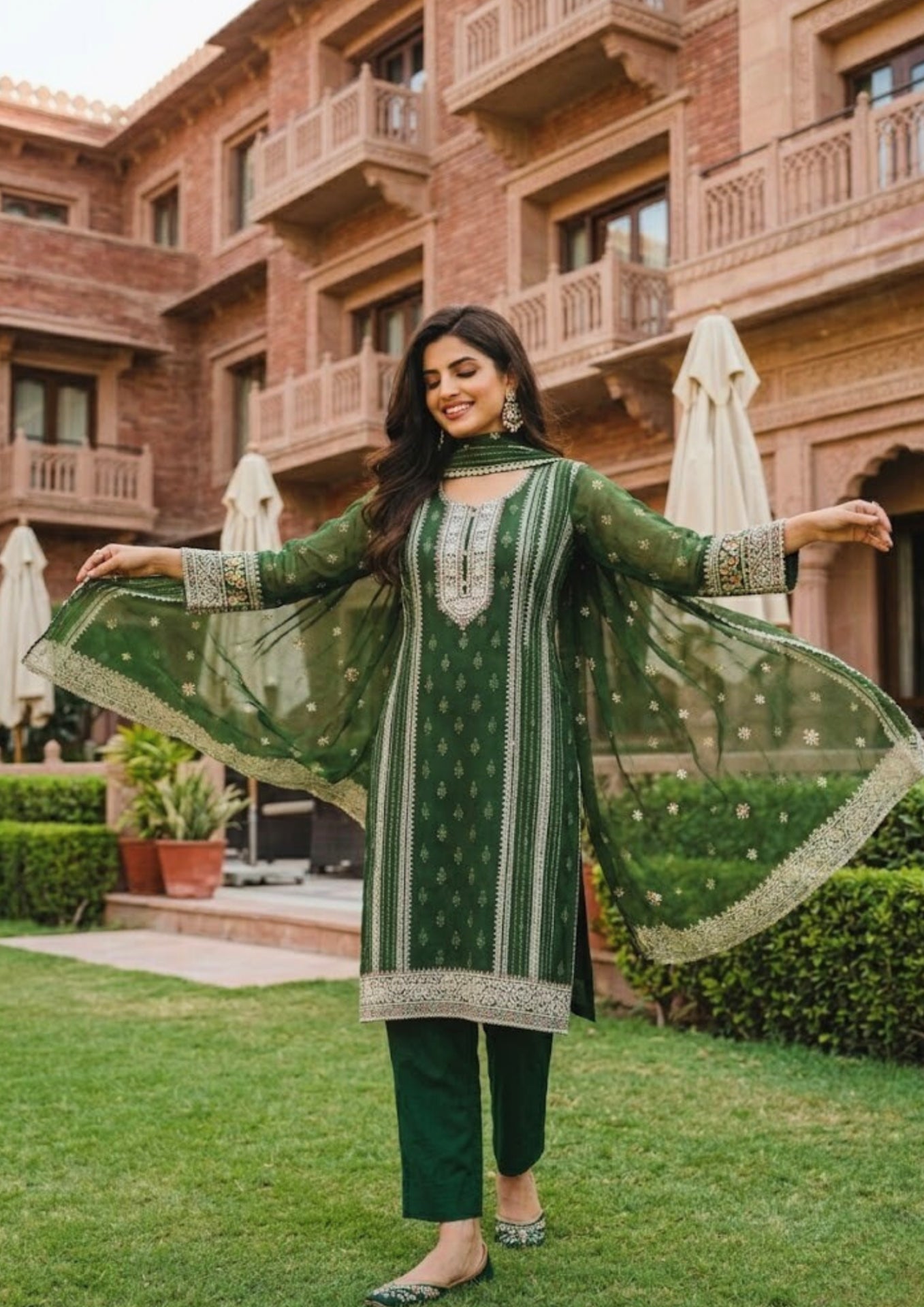 Semi-Stitched Soft Organza In A Forest Green Shade With Intricate Multicoloured Thread And Zari Embroidery Suit Material