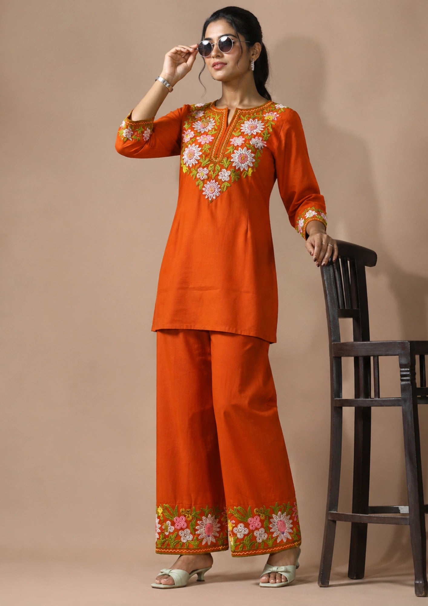 Rust Orange Embroidered Cotton short Kurta With Straight Pant