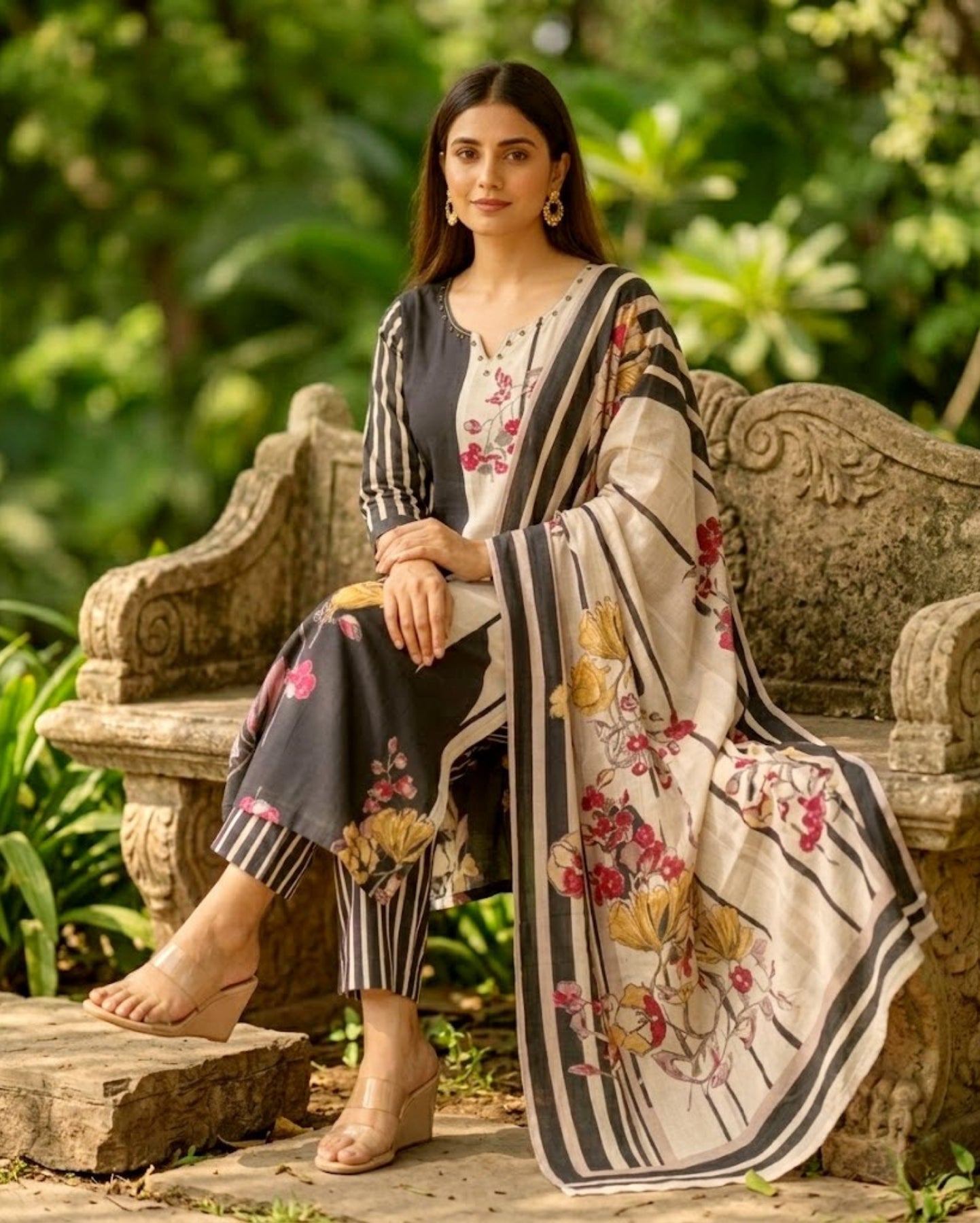 Floral Printed Striped Black Beige Rayon Kurta Pant With Dupatta
