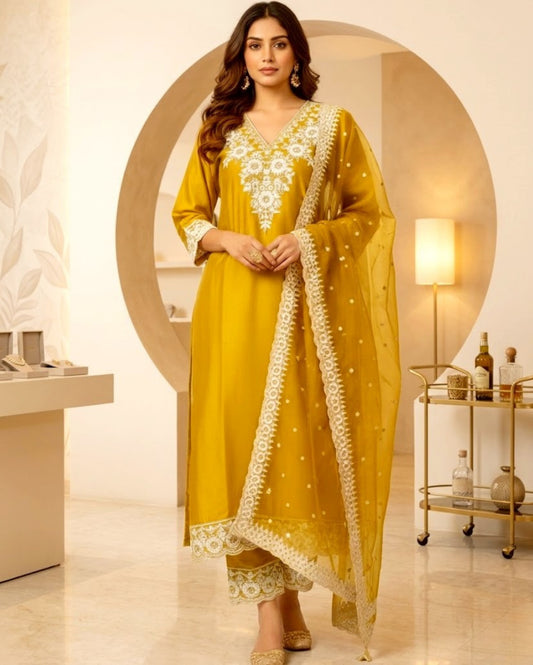 Cotton Mix Embroidered Mustard Kurta Set With Dupatta