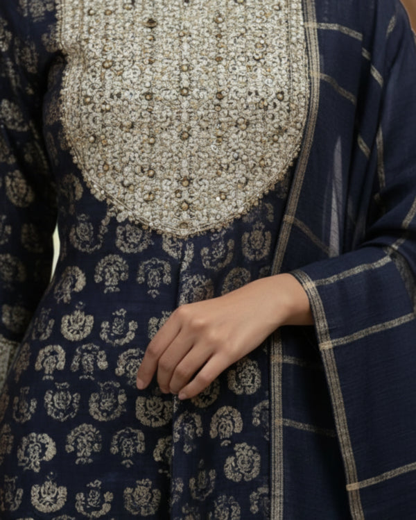 Navy Blue Printed Cotton Kurta Set With Matching Dupatta