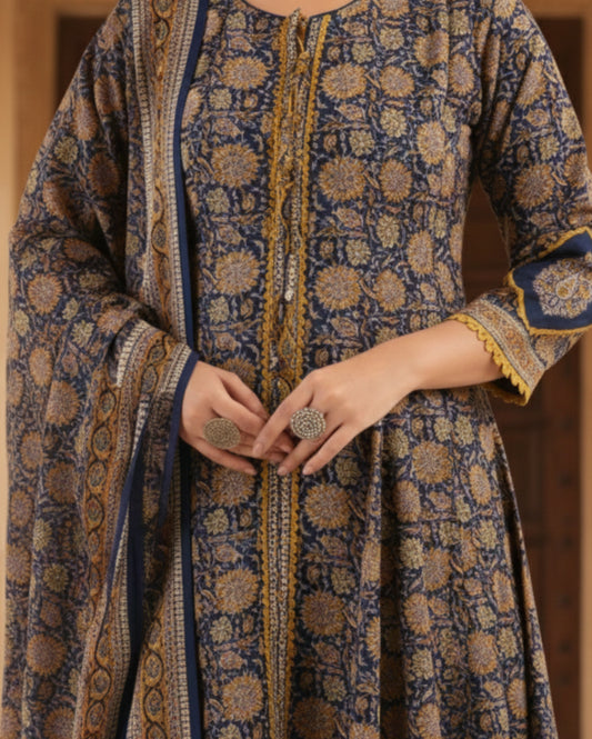 Navy and Mustard Floral Handblock Sangneri Cotton Kurta Set With Lightweight Dupatta