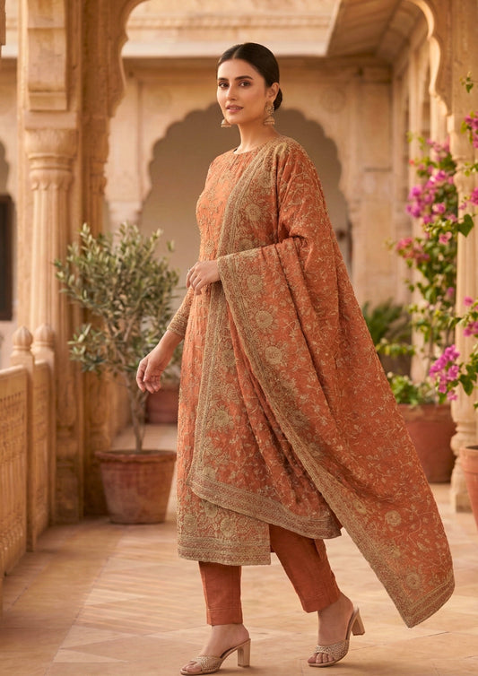 Unstitched Rose-Red Tissue Silk With Zari Work Suit Material