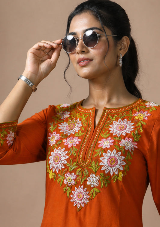 Rust Orange Embroidered Cotton short Kurta With Straight Pant